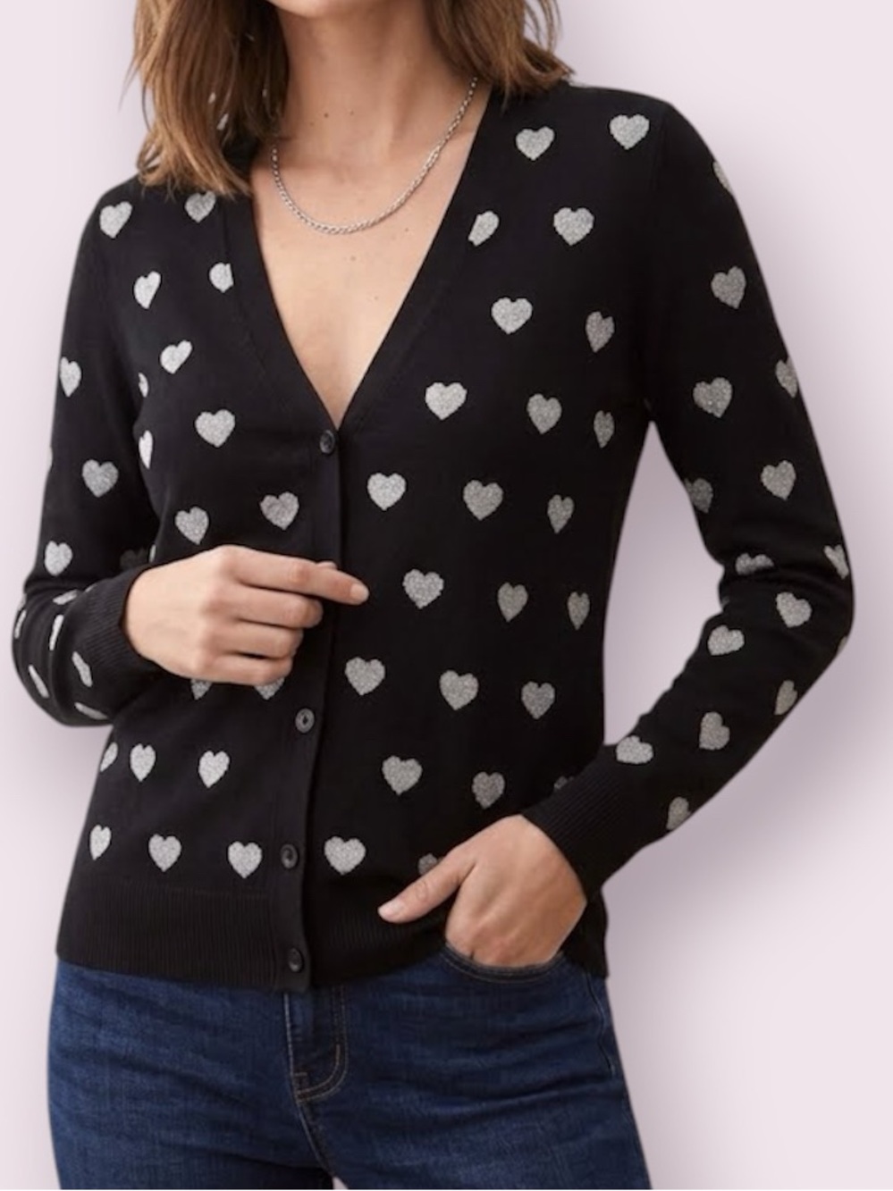 POL Heart Print Cardigan Sweater Black Gray Size Medium
